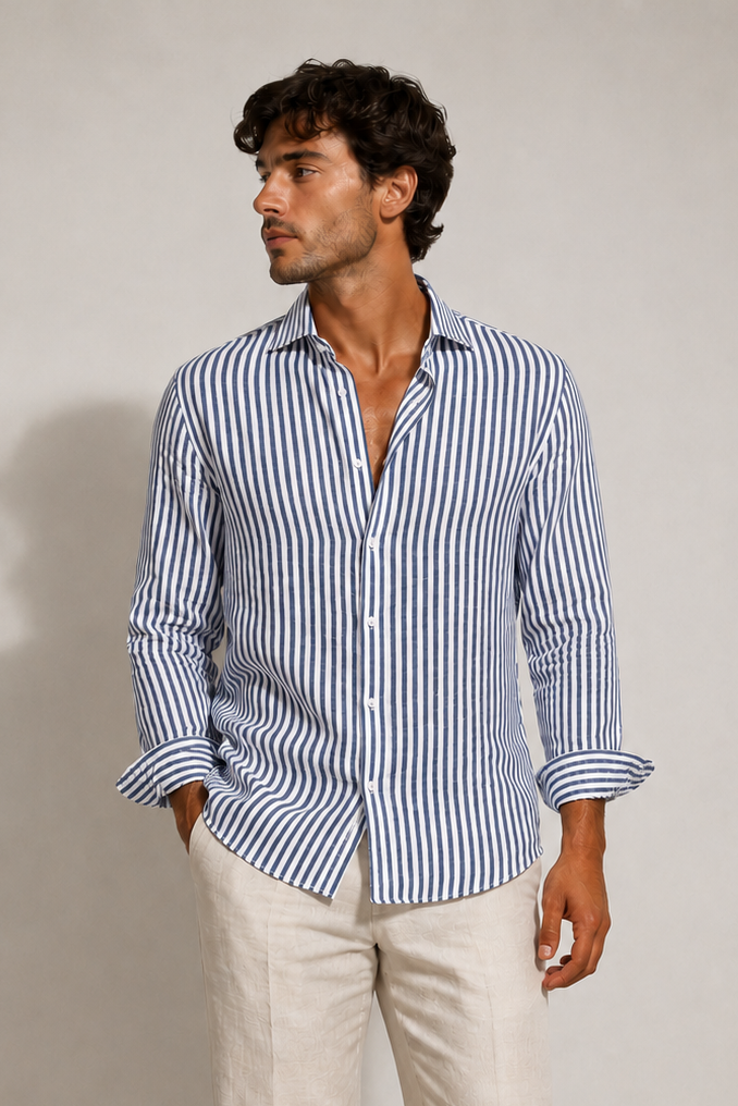 Camicia Uomo In Lino Fantasia a Righe Art. Cm230