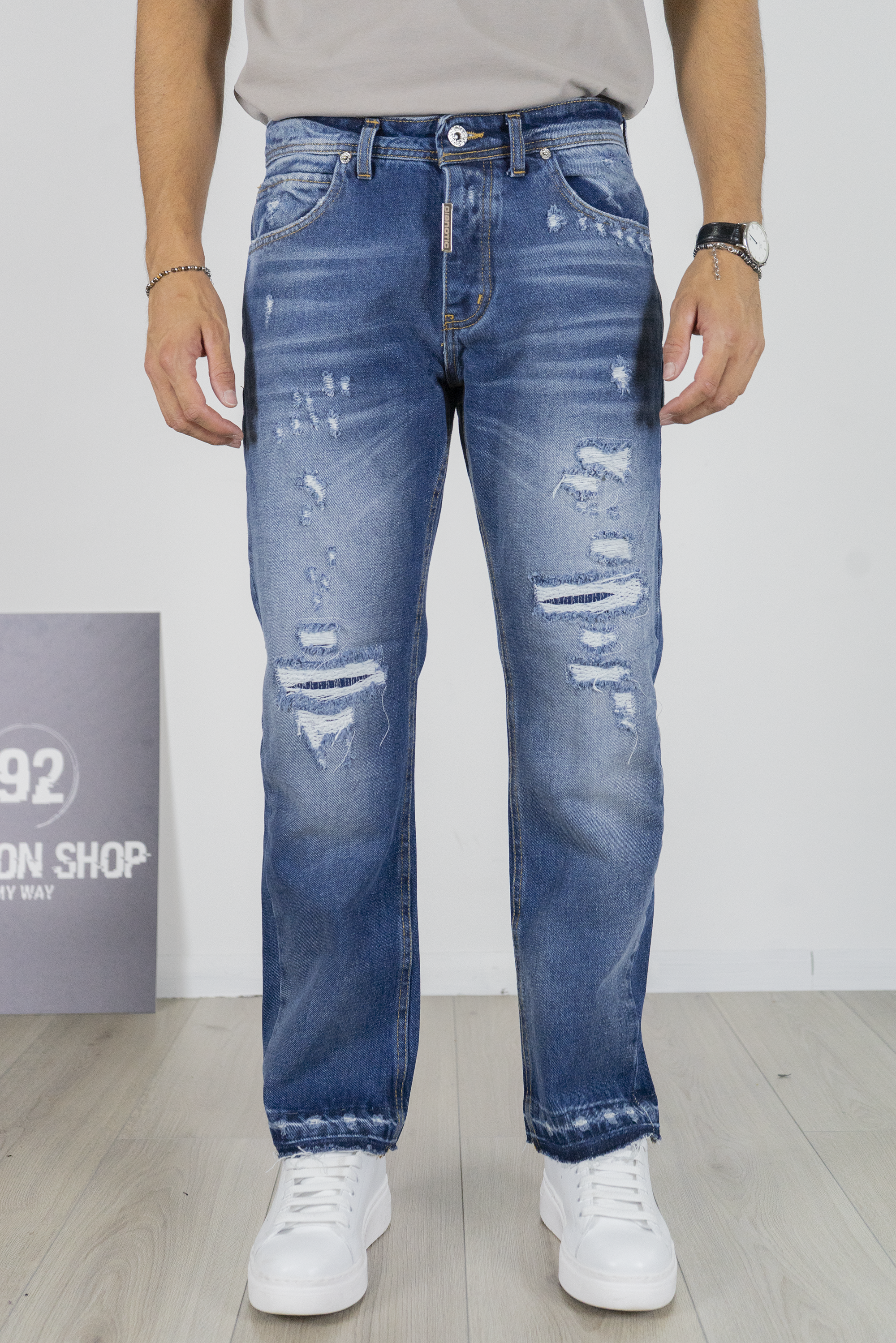Jeans Uomo Straight Fit Blu Strappato Art. Js546