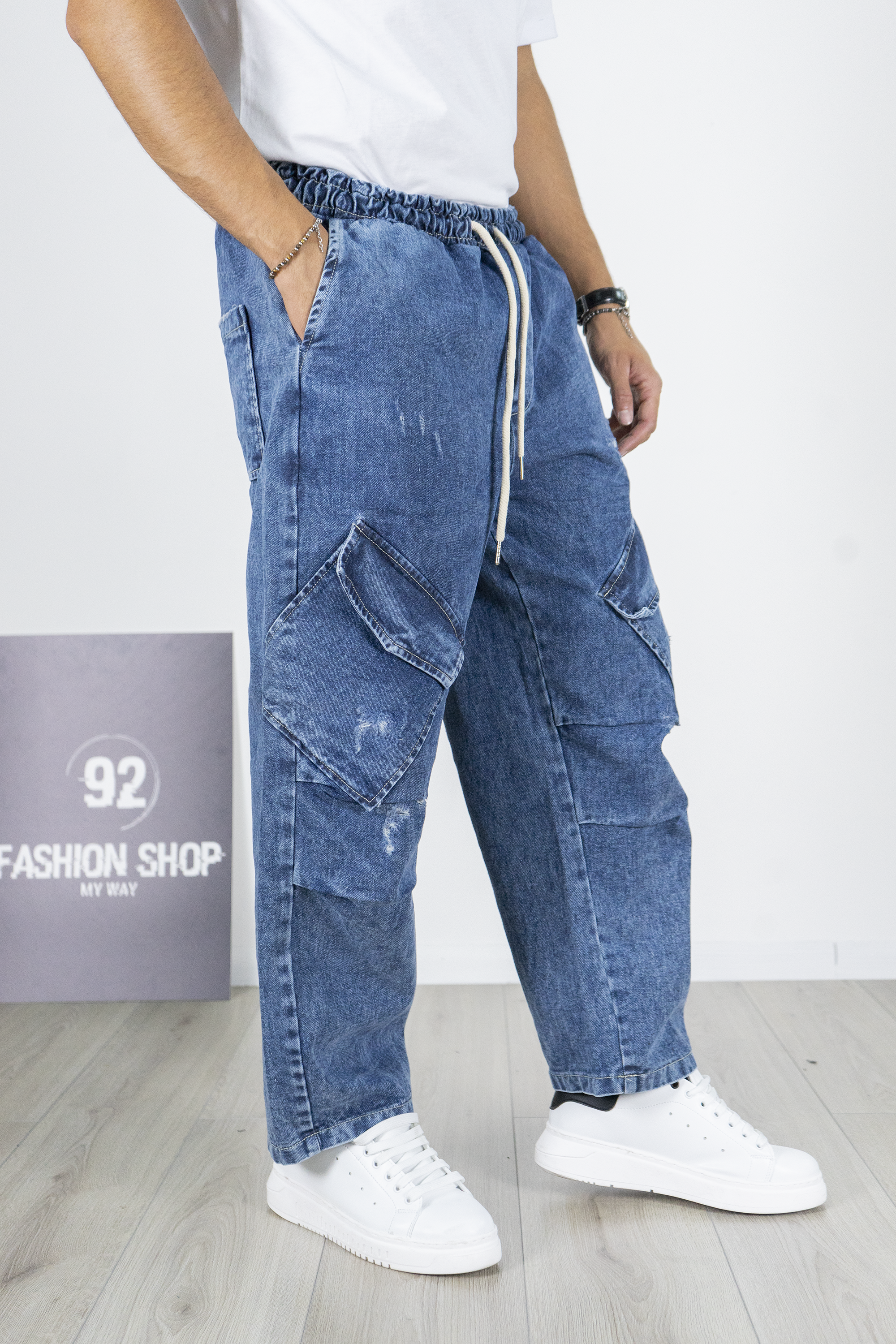 Jeans Cargo Palazzo Multitasche Vita Elastica Art. Js536