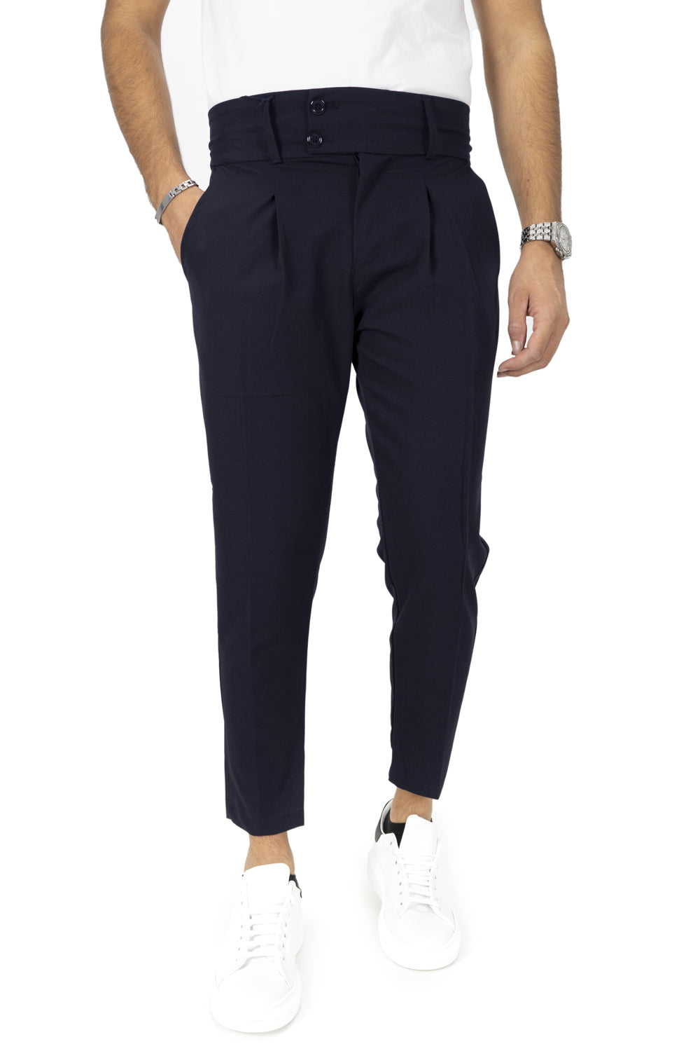 Pantalone Vita Alta Doppio Bottone Con Pinces Tasca America Art. Pt64