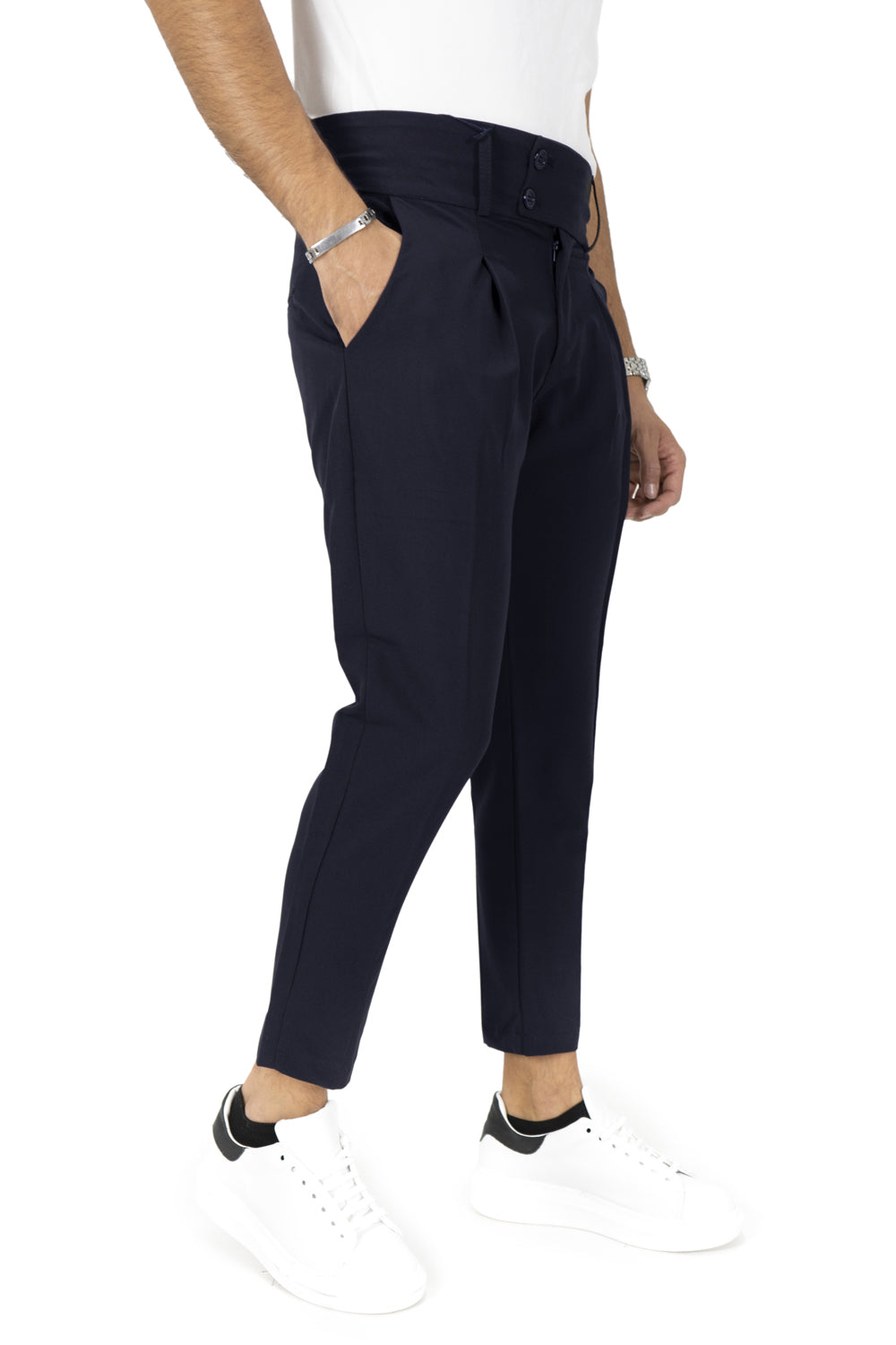 Pantalone Vita Alta Doppio Bottone Con Pinces Tasca America Art. Pt64