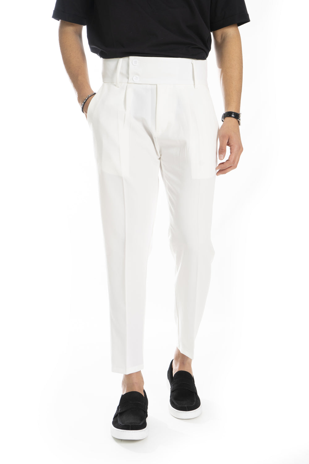 Pantalone Vita Alta Doppio Bottone Con Pinces Tasca America Art. Pt64