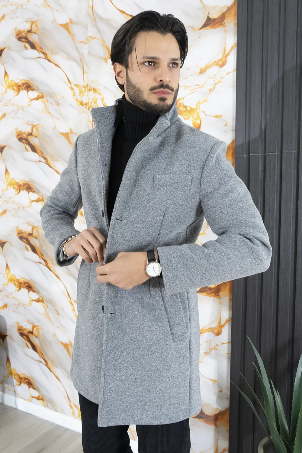 Turtleneck Outfit Uomo Cappotto Grigio Cappotto Maglione A Collo