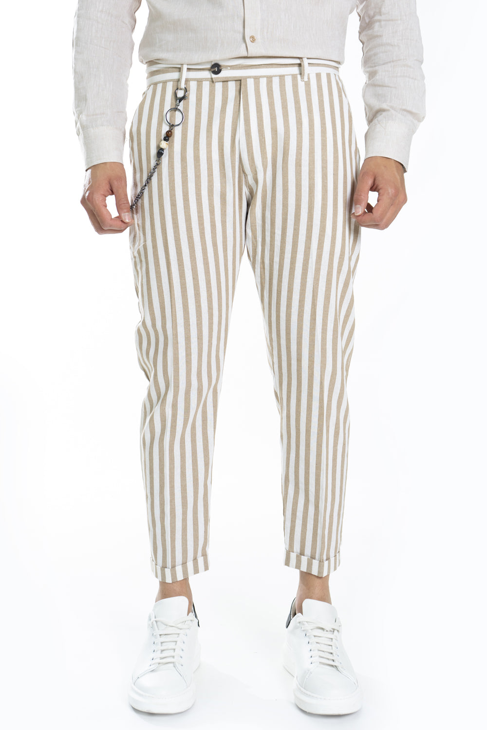 Pantalone Uomo Misto Lino Con Bottone Lungo Rigato Art. Pt168