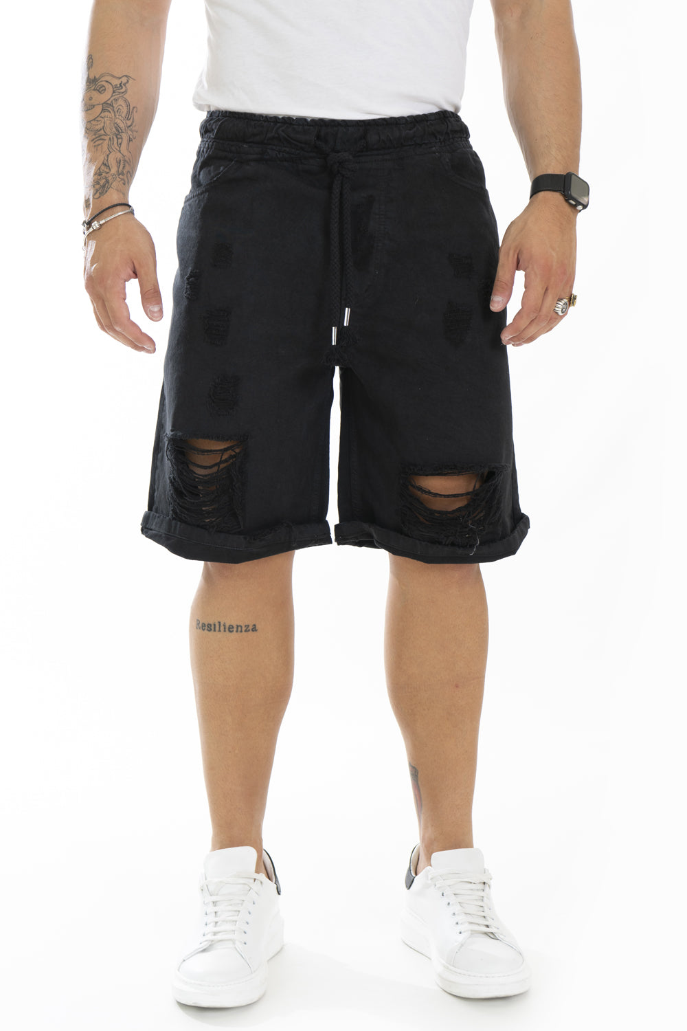 Bermuda Uomo Vita Jogger Con Strappi Tinta Unita Art. Bm98