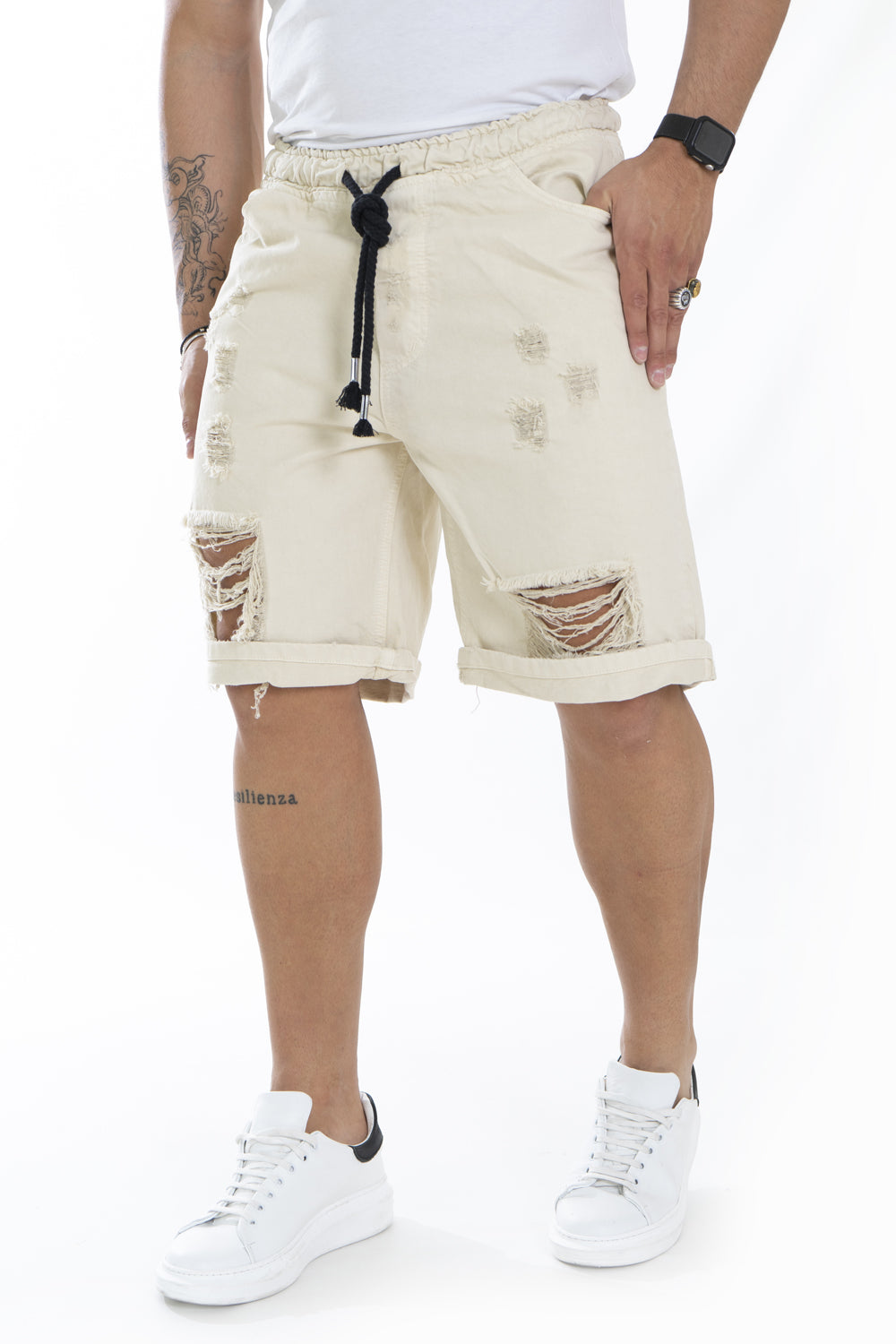 Bermuda Uomo Vita Jogger Con Strappi Tinta Unita Art. Bm98