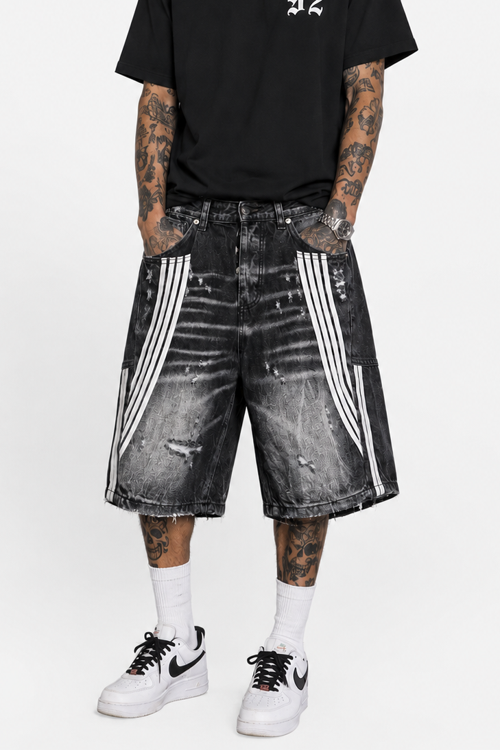 Bermuda Jeans Uomo Baggy Fit Con Bande Bianche Art. Bm144