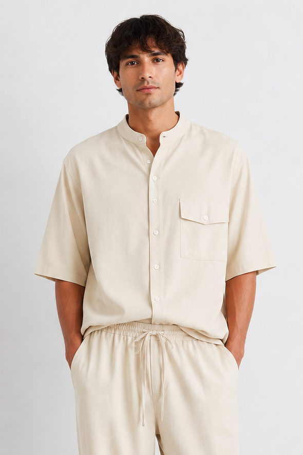 Camicia Over In misto Lino Manica Corta Collo Coreano Art. Cm235