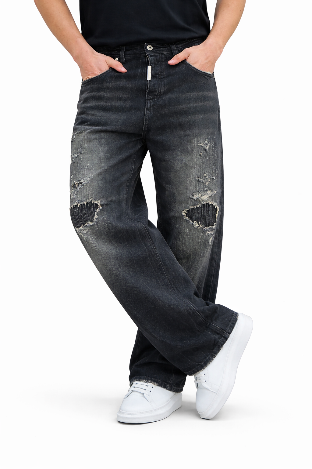 Jeans Baggy "Repatch Dark" con Lavaggio Acid Grey Art. Js559