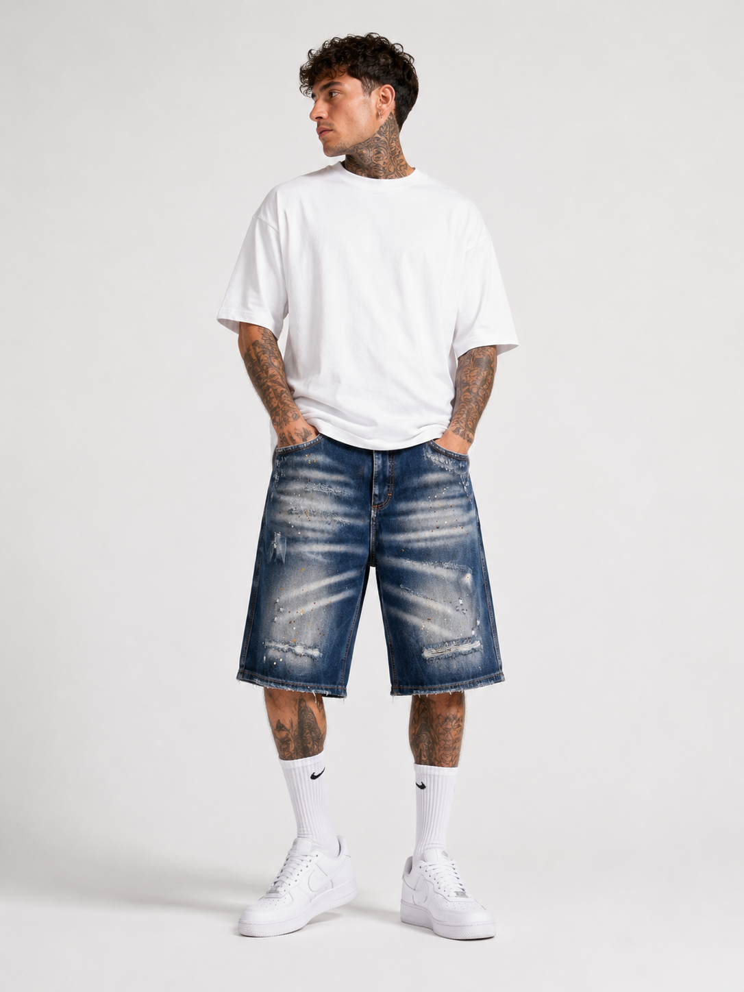 Bermuda Jeans Shorts Denim Baggy con Baffature Art. Bm146