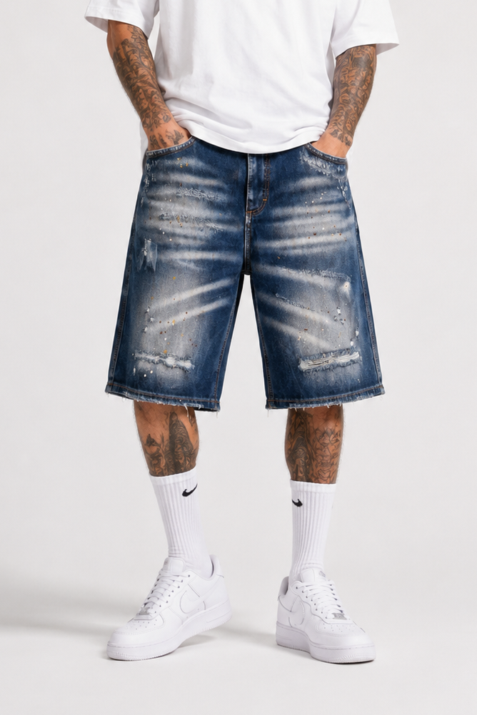 Bermuda Jeans Shorts Denim Baggy con Baffature Art. Bm146