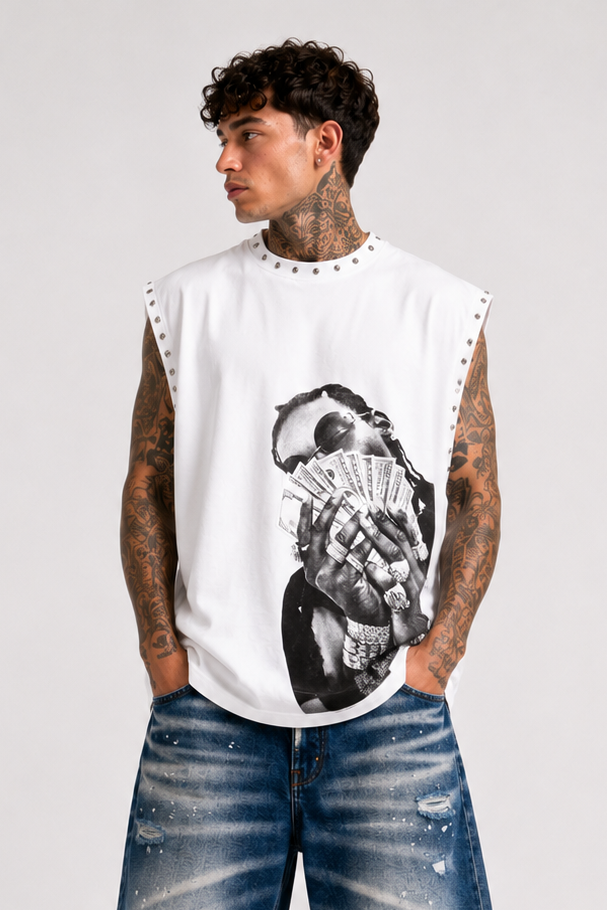 T-shirt Smanicata con Stampa Hip-Hop e Borchie Art. Ct15