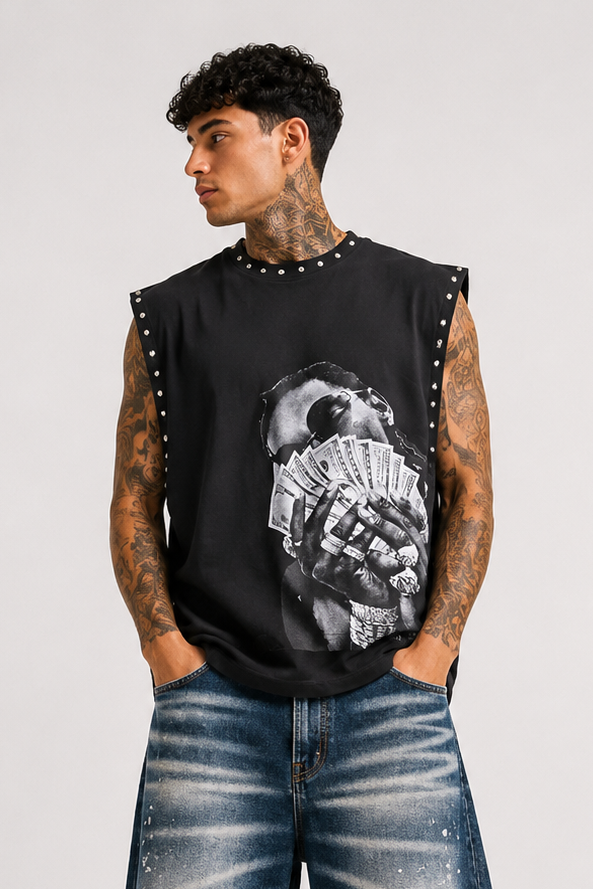 T-shirt Smanicata con Stampa Hip-Hop e Borchie Art. Ct15