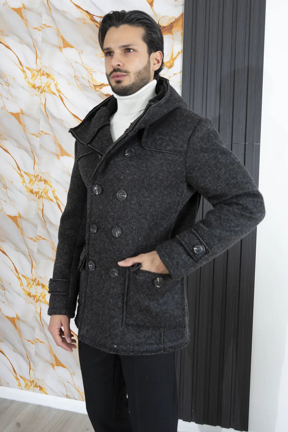 Cappotto Uomo Giacca Con Cappuccio Doppio Petto Con Tasche Laterali Art. Cp16