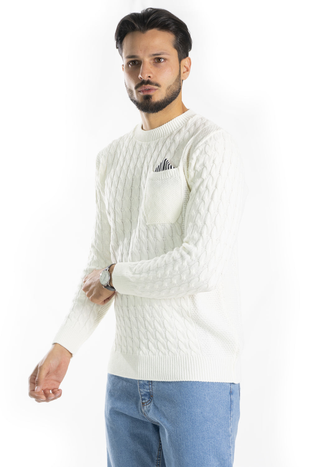 Maglione Uomo Pullover Fantasia Trecce Con Taschino Art. Mg101