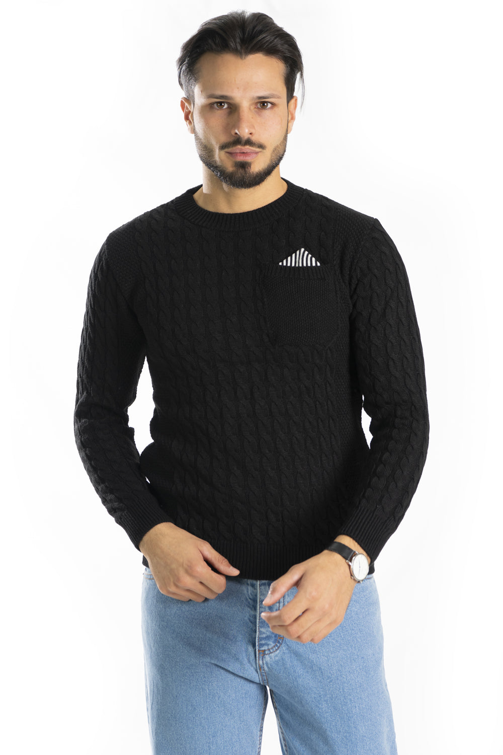 Maglione Uomo Pullover Fantasia Trecce Con Taschino Art. Mg101