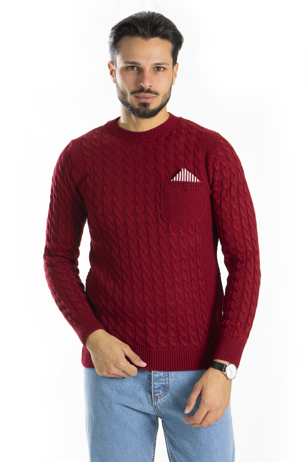 Maglione Uomo Pullover Fantasia Trecce Con Taschino Art. Mg101