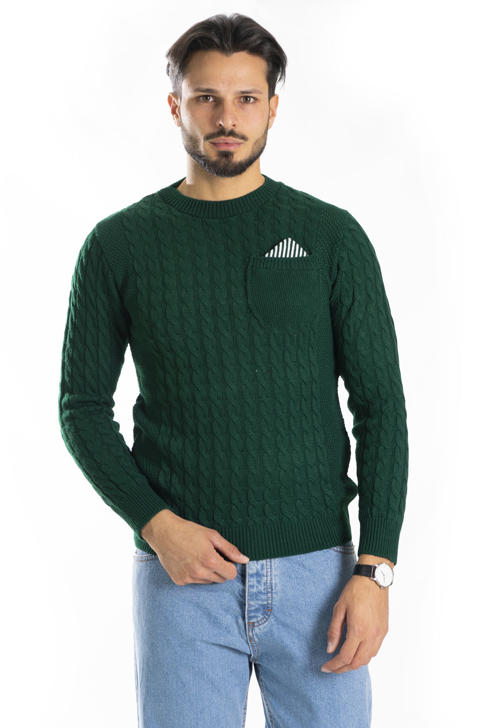 Maglione Uomo Pullover Fantasia Trecce Con Taschino Art. Mg101