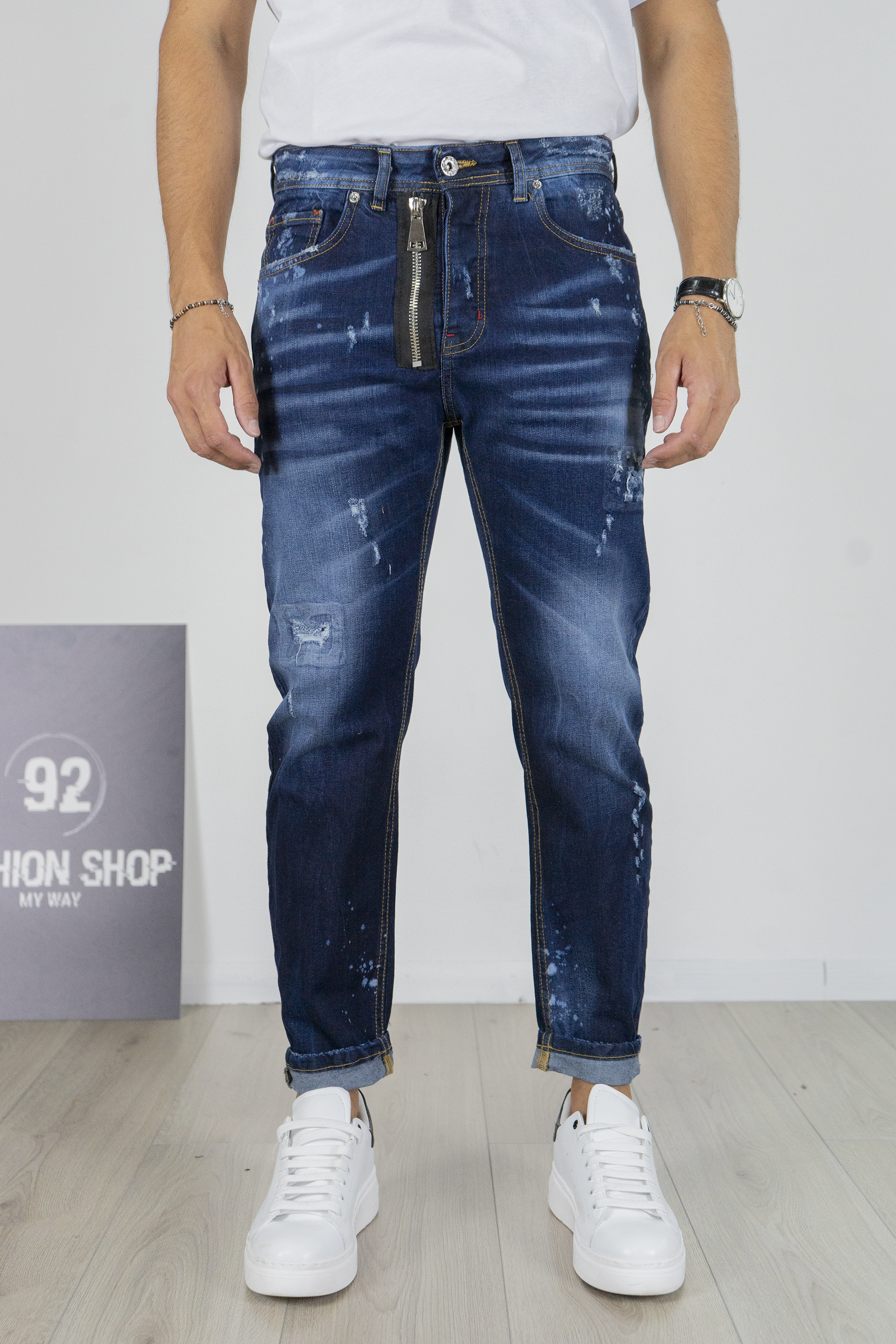 Jeans Uomo Slim Fit Blu con Zip Effetto Used Art. Js549