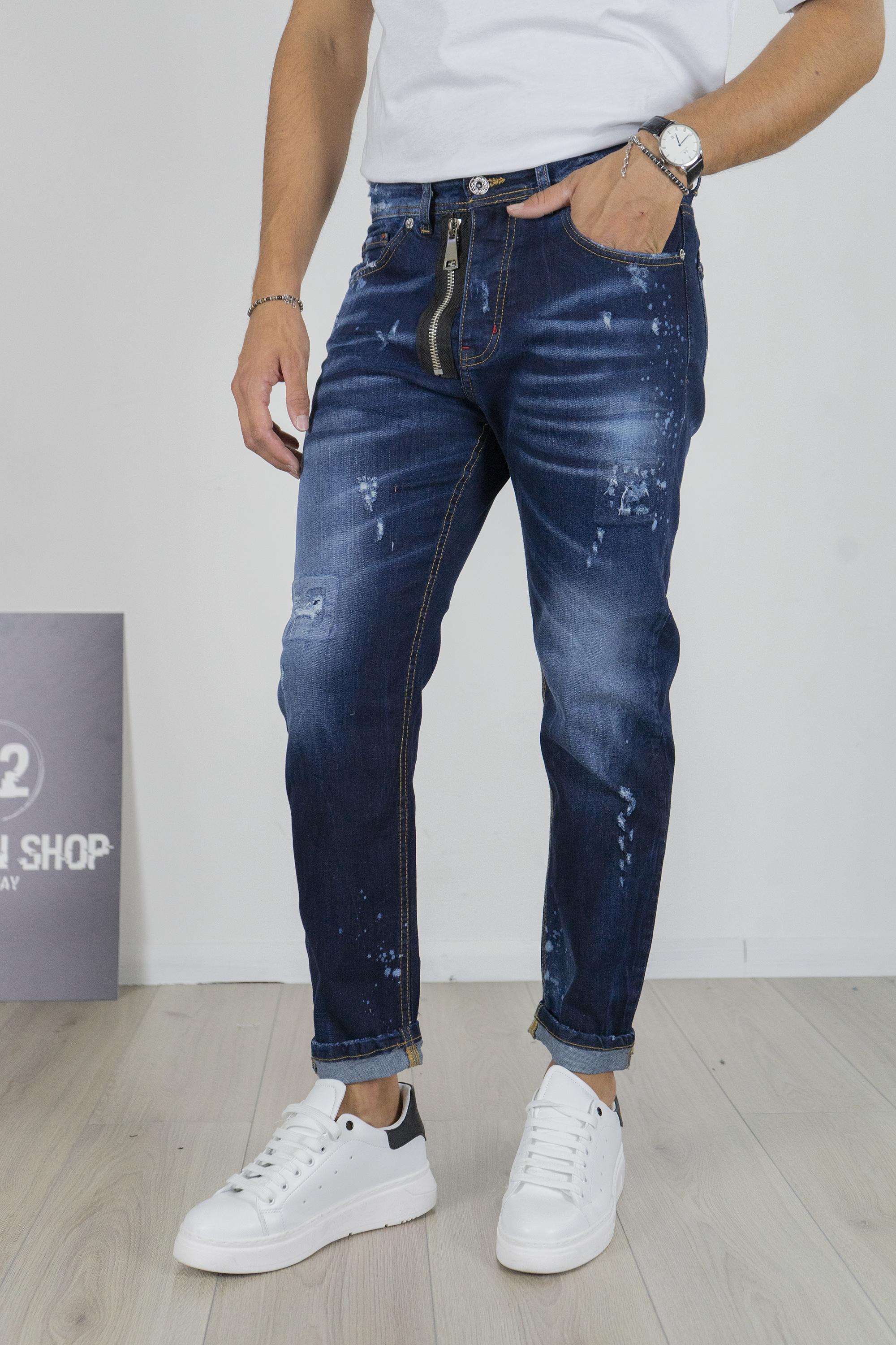 Jeans Uomo Slim Fit Blu con Zip Effetto Used Art. Js549