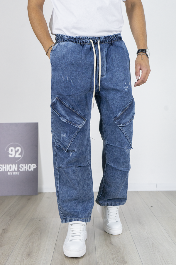 Jeans Cargo Palazzo Multitasche Vita Elastica Art. Js536