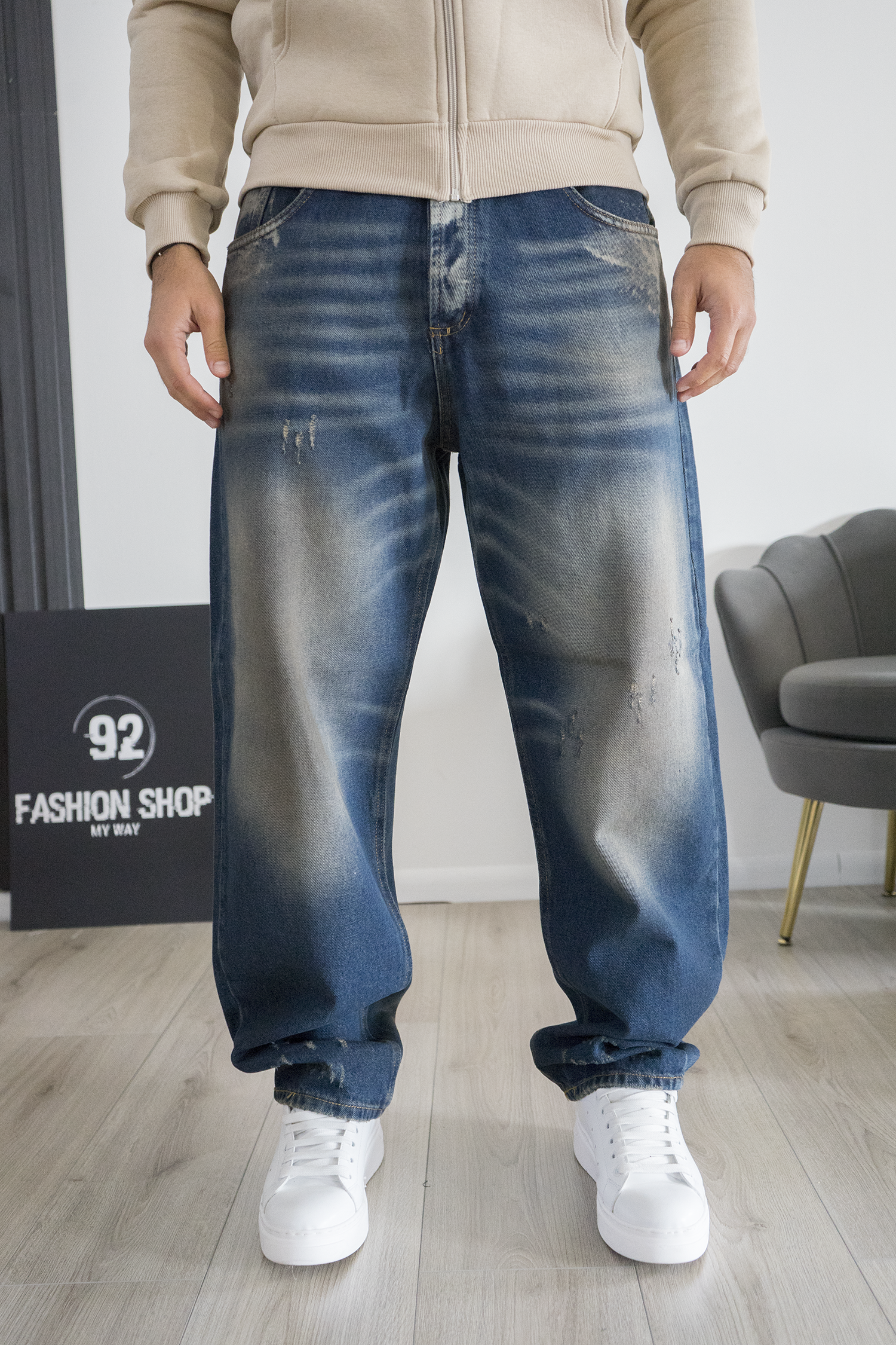 Jeans Uomo Oversize Baggy Fit Blu Effetto Washed Art. js553