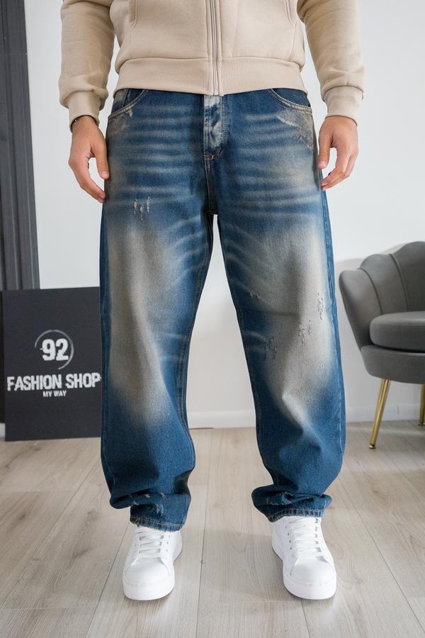 Jeans Uomo Oversize Baggy Fit Blu Effetto Washed Art. js553