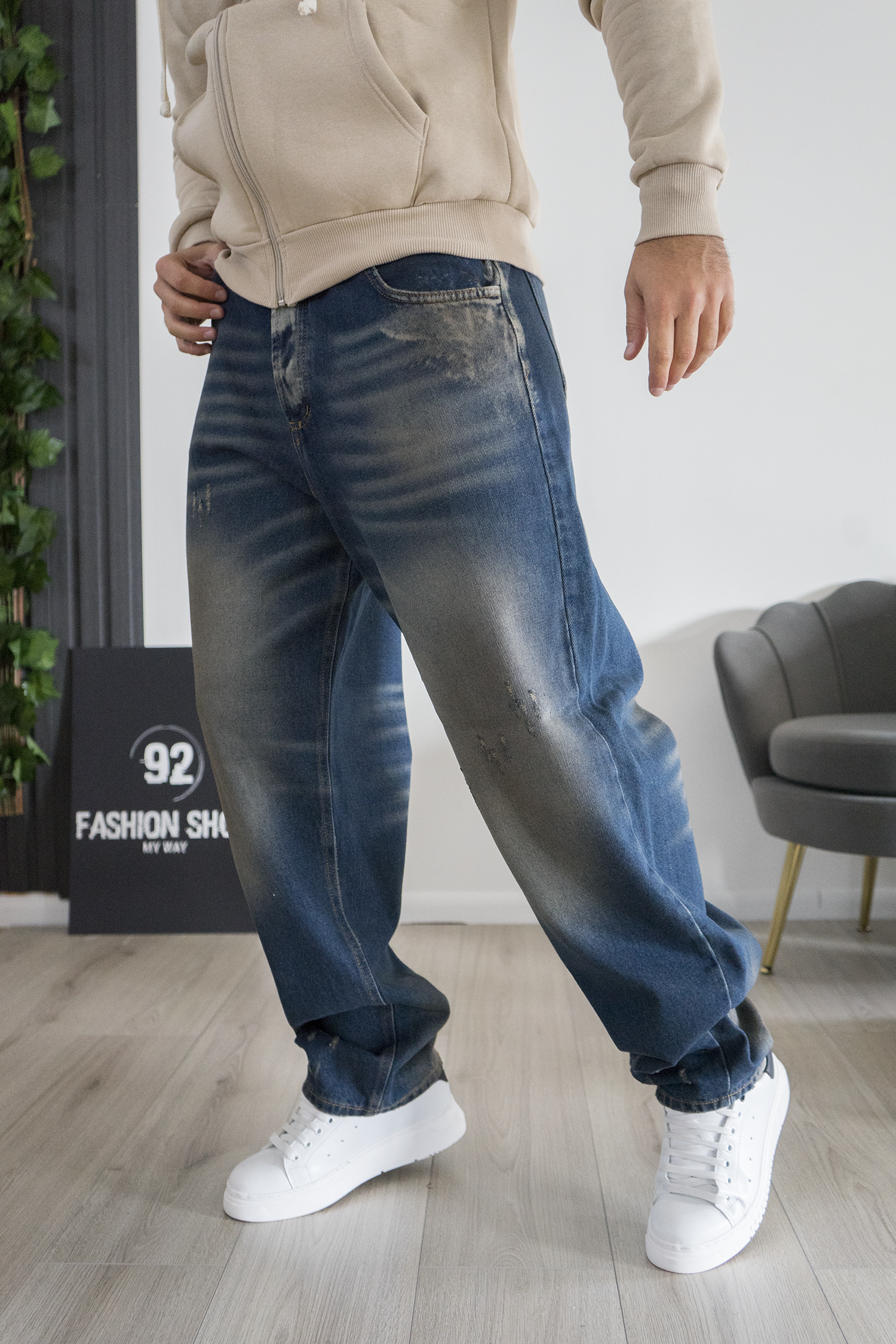 Jeans Uomo Oversize Baggy Fit Blu Effetto Washed Art. js553