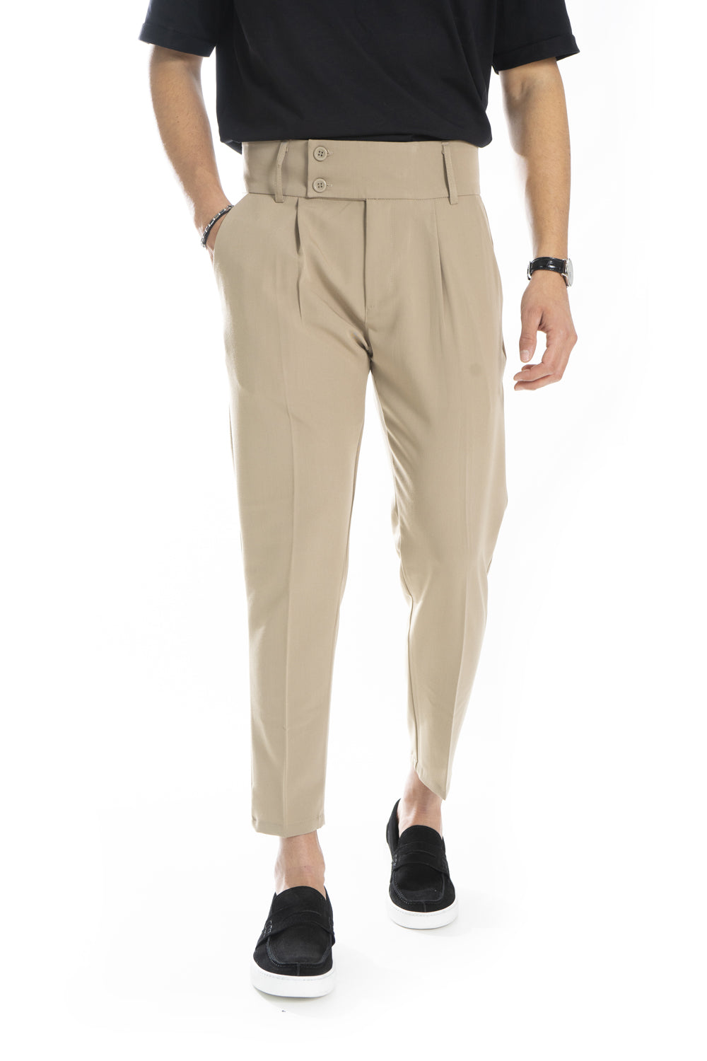 Pantalone Vita Alta Doppio Bottone Con Pinces Tasca America Art. Pt64