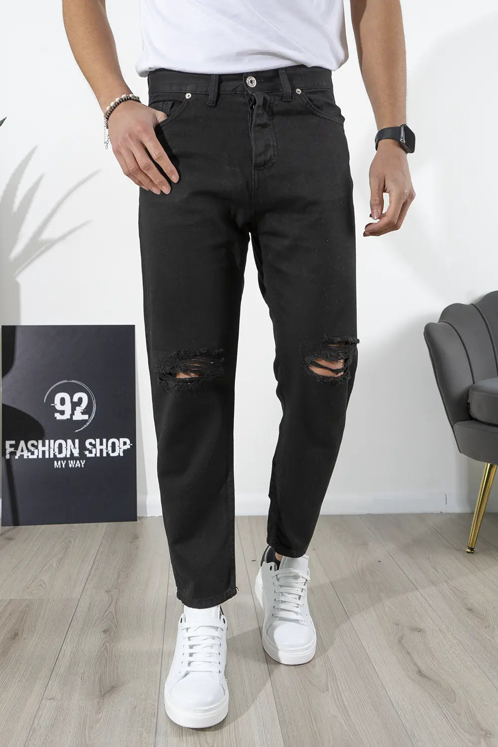 Jeans Uomo Strappi Ginocchia Tinta Unita By 92 Fashion Shop Art. Js273