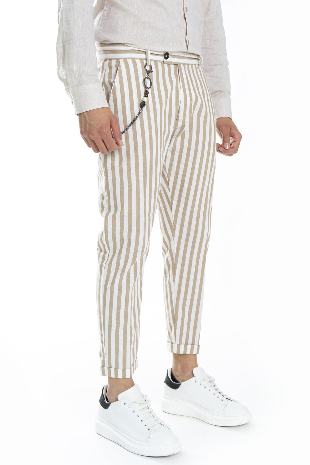Pantalone Uomo Misto Lino Con Bottone Lungo Rigato Art. Pt168