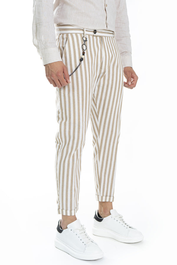 Pantalone Uomo Misto Lino Con Bottone Lungo Rigato Art. Pt168