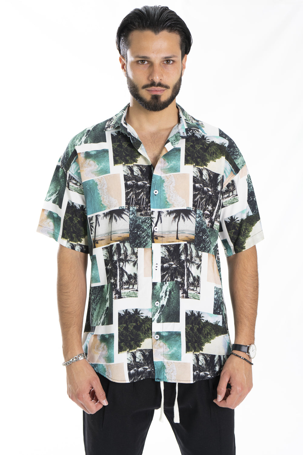 Camicia Uomo Viscosa Fantasia Palme Manica Corta Art. Cm168