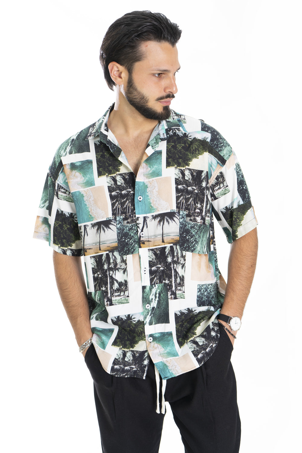 Camicia Uomo Viscosa Fantasia Palme Manica Corta Art. Cm168