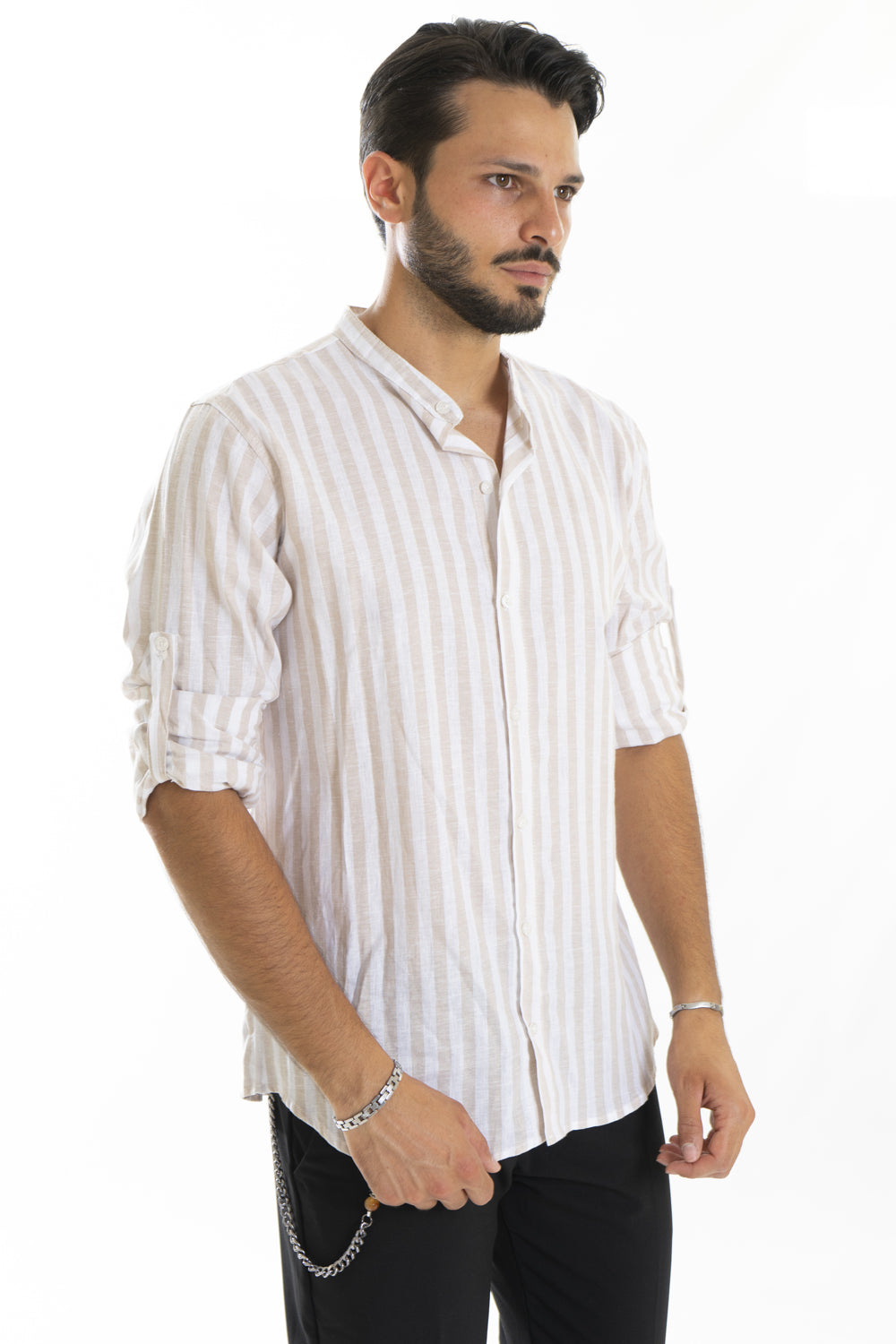 Camicia Uomo A righe Collo Coreano Art. Cm177