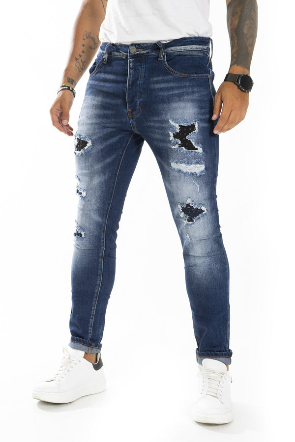 Jean slim pour homme avec patchs et clous Art. Js367