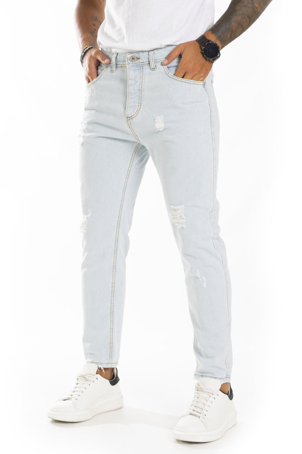 Jeans Uomo Con Abrasioni Lavaggio Old Chiaro Art. JS384