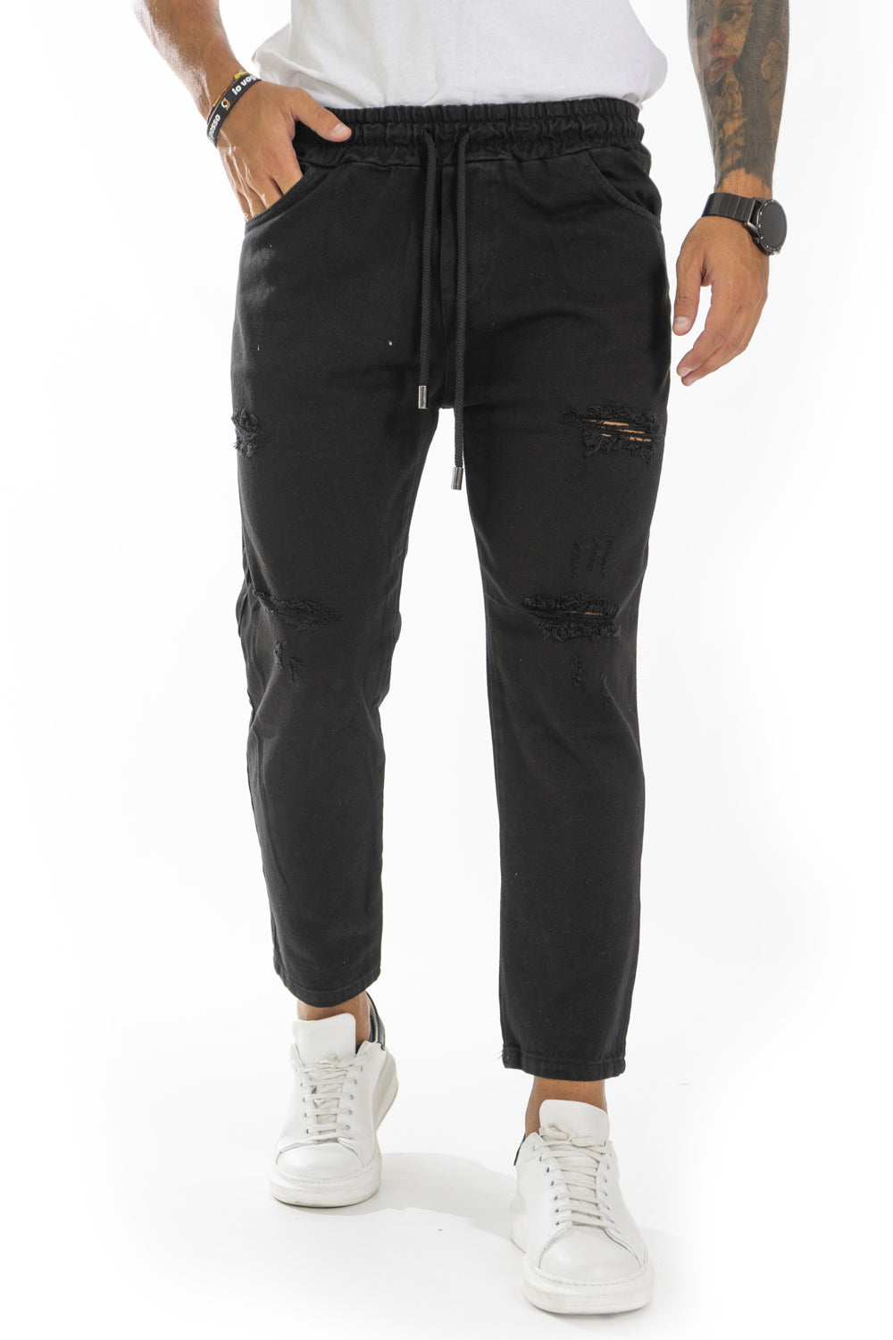 Jeans Uomo Vita Jogger Con Abrasioni Tinta Unita Art. JS376