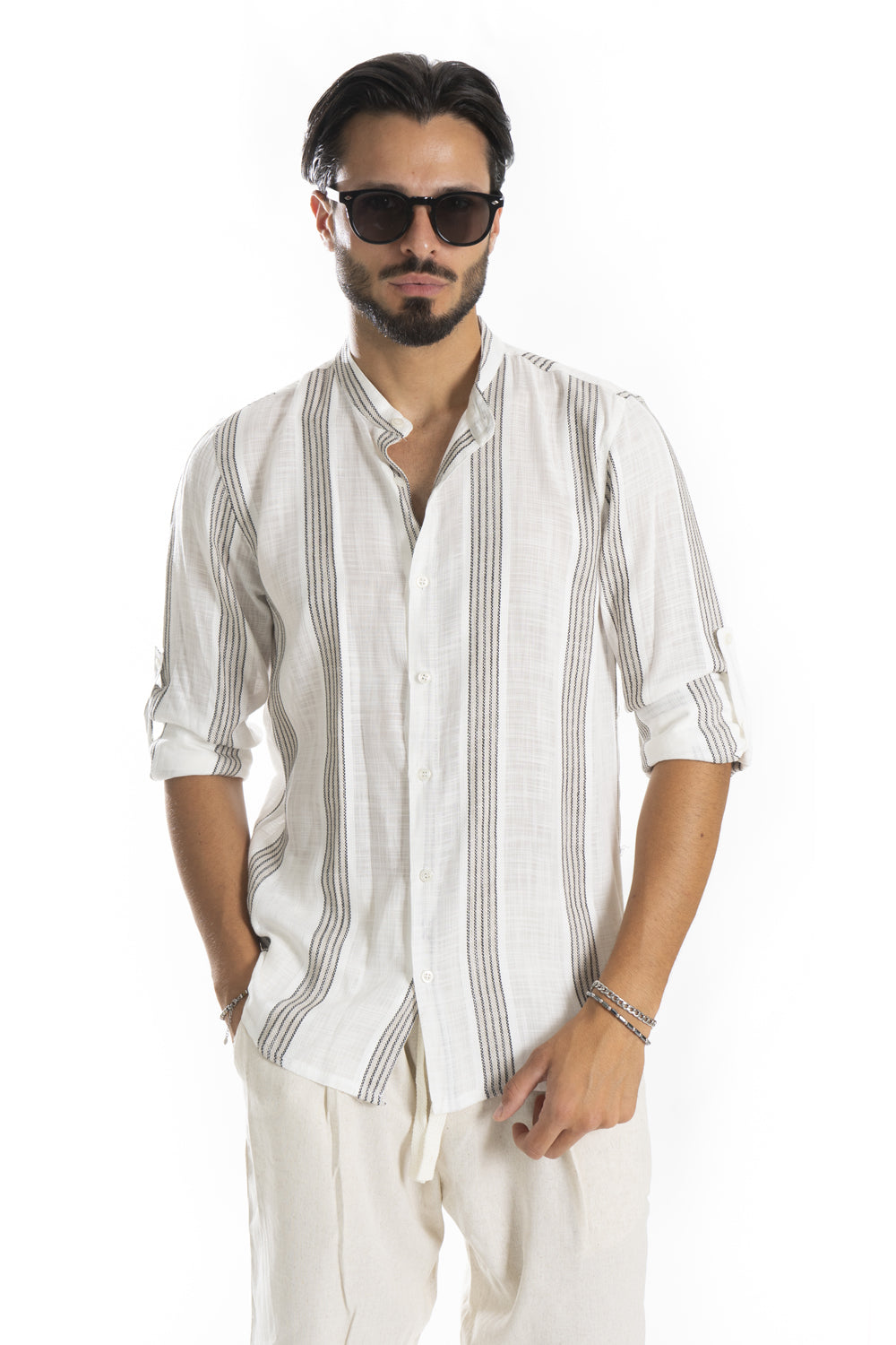 Camicia Uomo Misto Lino fantasia righe Art. Cm209