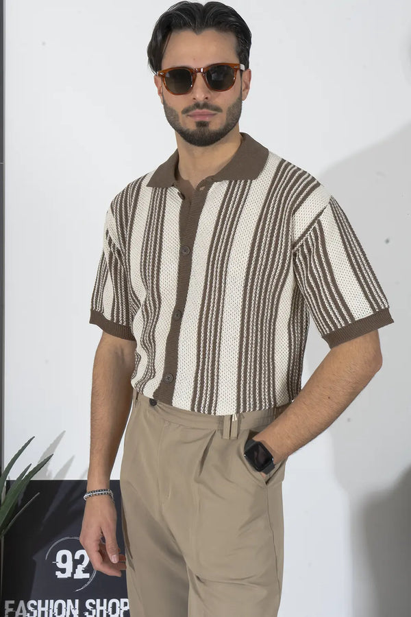 Lace Polo with Openwork Mesh and Striped Pattern Art. Ts257