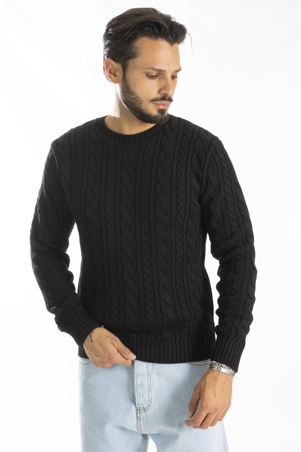 Maglione Lana Uomo Con Trecce Girocollo Pullover Art. Mg121