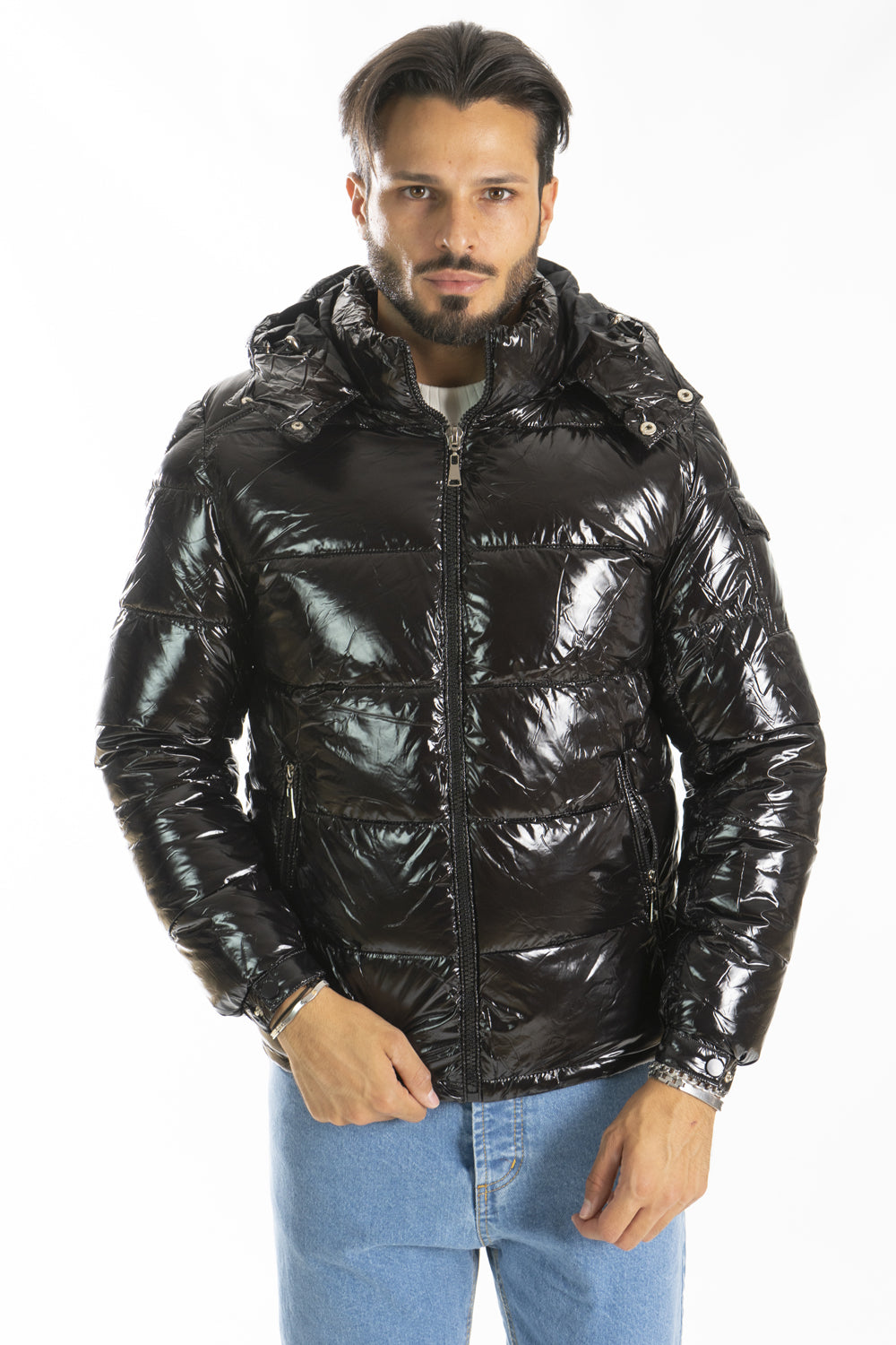 Giubbotto Uomo Bomber Lucido Con Cappuccio Art. Gb150