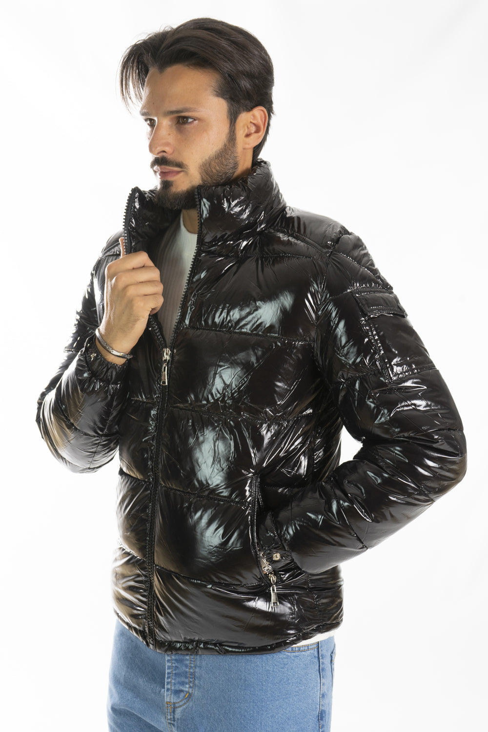 Giubbotto Uomo Bomber Lucido Con Cappuccio Art. Gb150