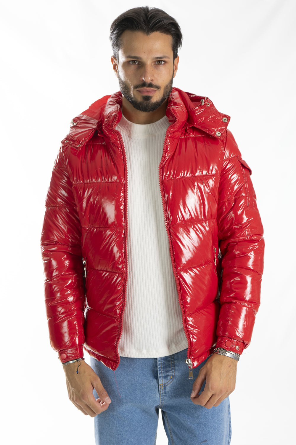 Giubbotto Uomo Bomber Lucido Con Cappuccio Art. Gb150