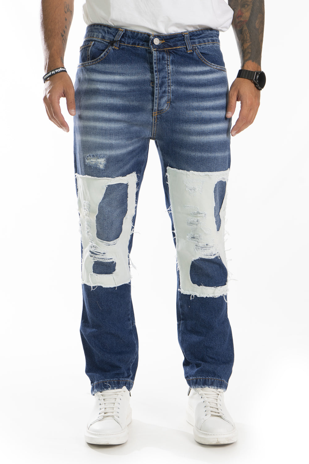 Jeans Uomo Con Abrasioni e Toppe bottoni alla caviglia Art. JS399