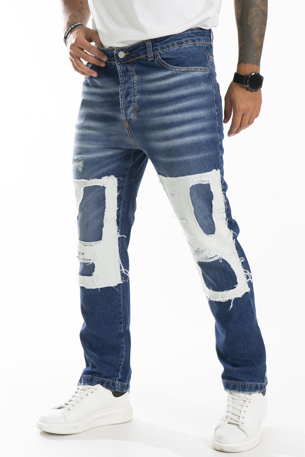 Jeans Uomo Con Abrasioni e Toppe bottoni alla caviglia Art. JS399