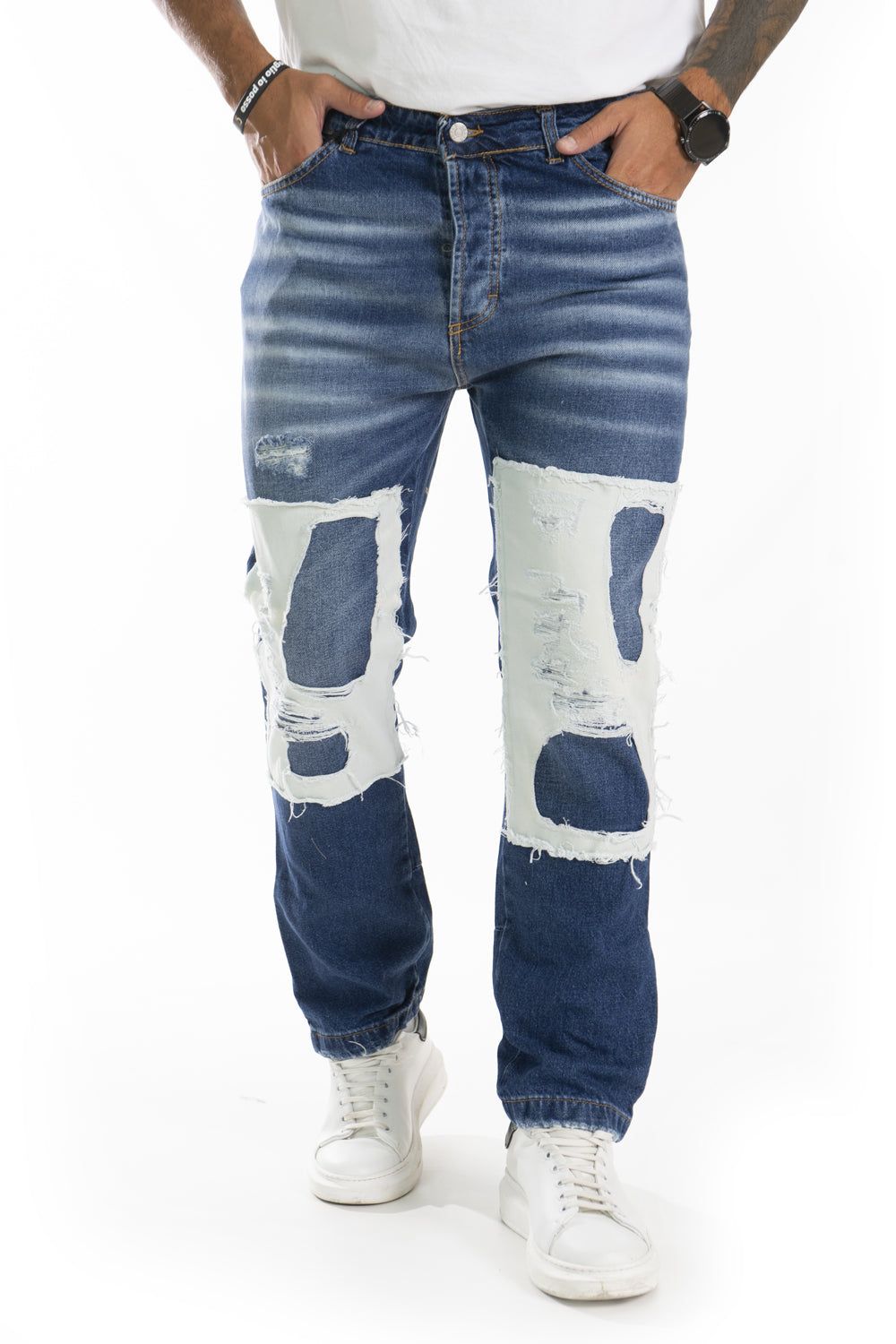 Jeans Uomo Con Abrasioni e Toppe bottoni alla caviglia Art. JS399