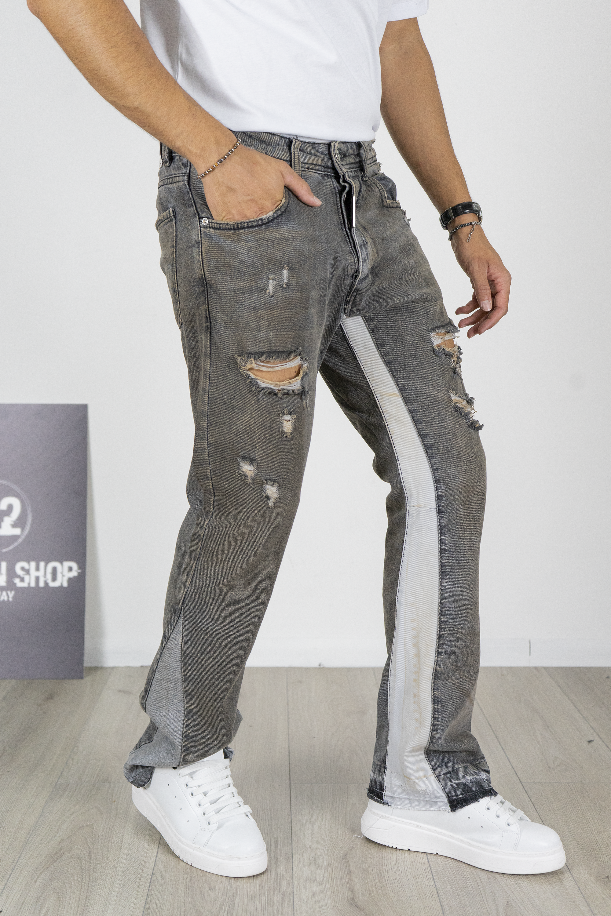 Jeans Uomo Grigio Flare con Banda Laterale Art. Js543