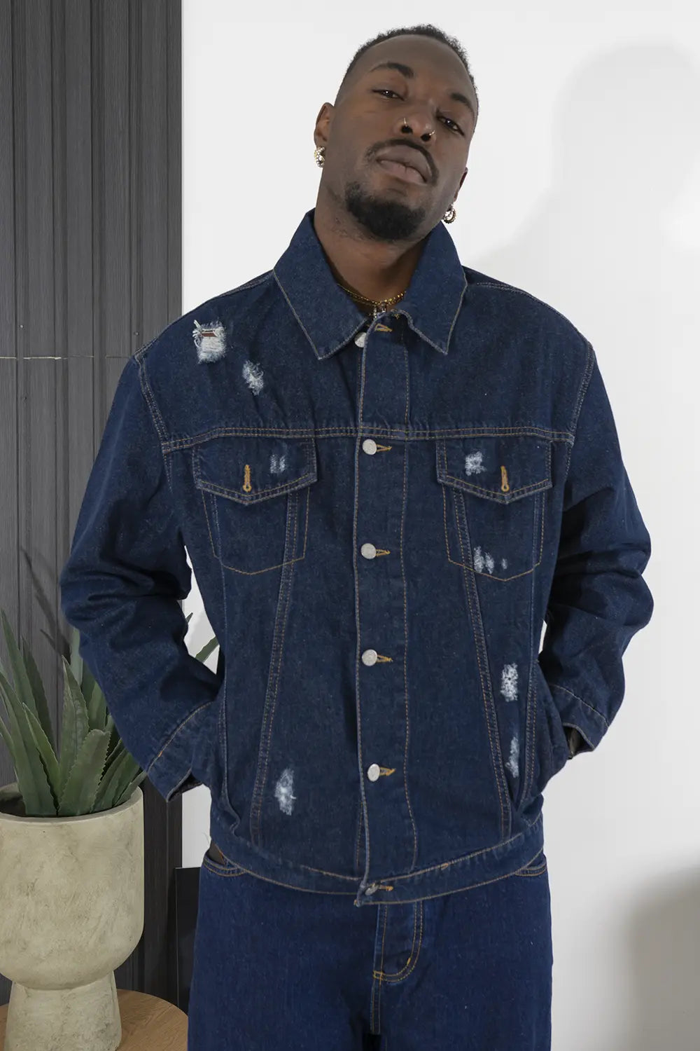 Giubbotto Jeans Giacca Scuro Con Abrasioni Oversize Art. Gb69