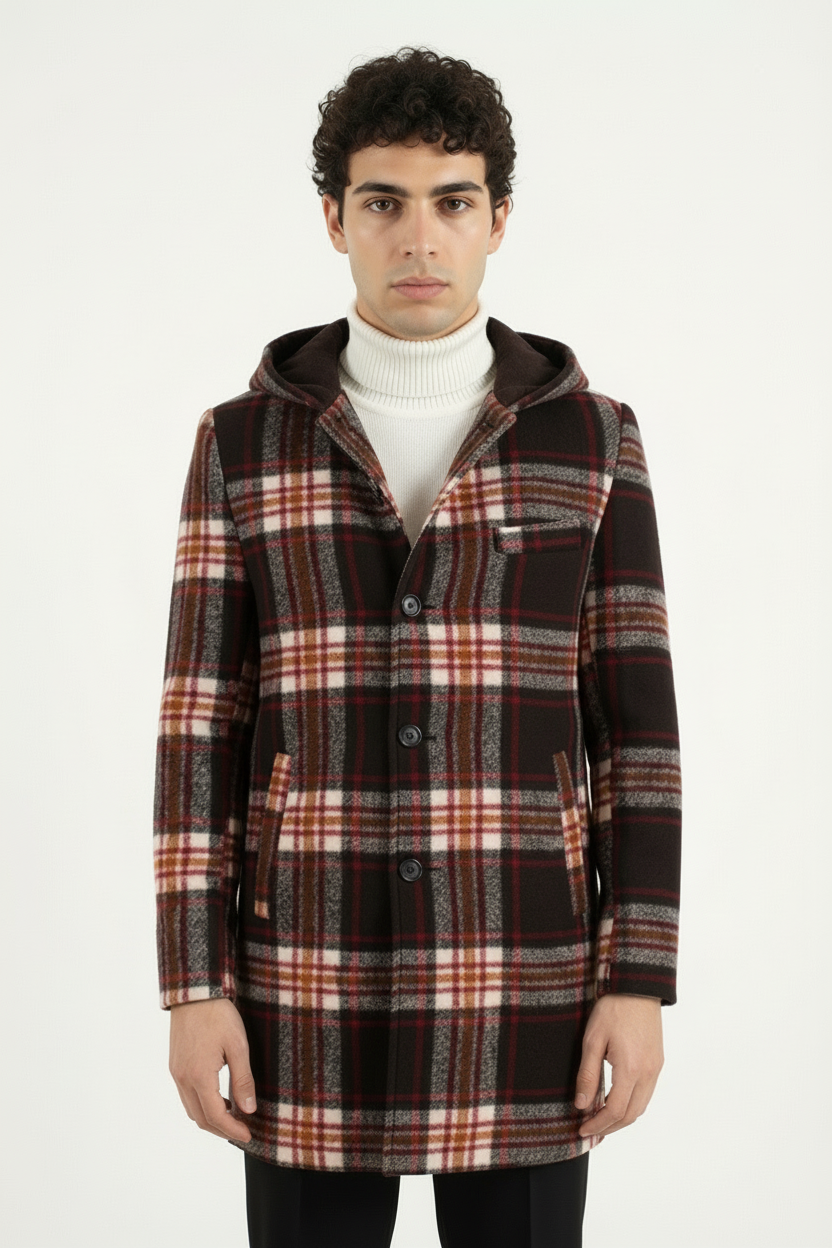Cappotto Uomo Monopetto Scozzese Con Cappuccio Art. Cp21